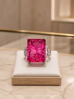 Size 6.5 Pink Glass Statement Cocktail Ring 925 Sterling Silver Band